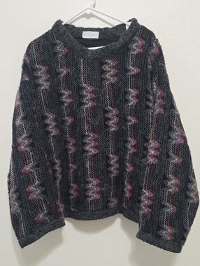 Allen Wah Vintage Dark Gray Textured Crewneck Sweater with Multicolor Accents L